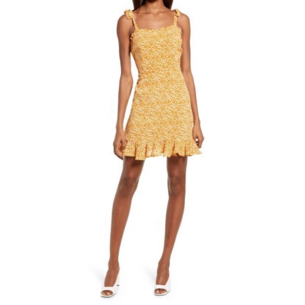 Bardot - Yellow Dress with adorable Tie Straps and all over Ruffle Trim
